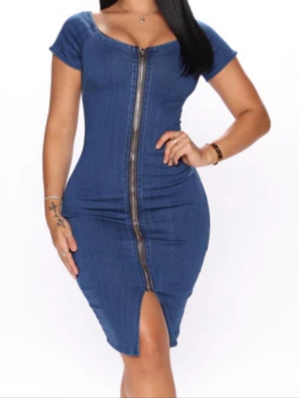 Haute Monde Light Blue Off The Shoulder Denim Dress Zippered Body Con Size 2XL